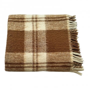 Wolldecke,135x160cm, braun/beige kariert, Fransen in braun/beige