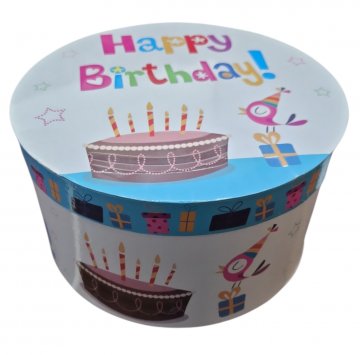 Box, Schachtel,  Geschenkkarton, HAPPY BIRTHDAY, weiss, Pappe, mit Deckel,bunte Geschenkemotive, h 13,5cm, ø 24cm, Box, Schachtel