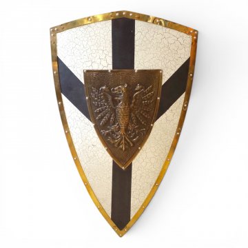 Ritterschild, Barbarossa Wappen messing, dreieckig,  schwarz/weiß/gold gebrochene Optik, Silbernieten