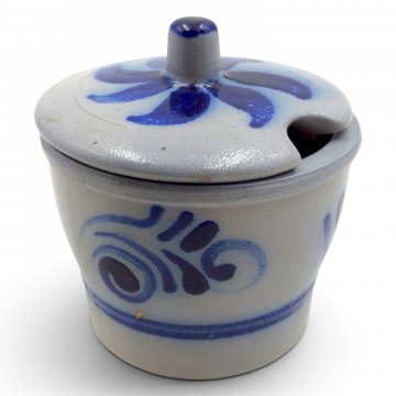 Senftopf, Steingut, blau/grau, Deckel, teilweise mit Löffel